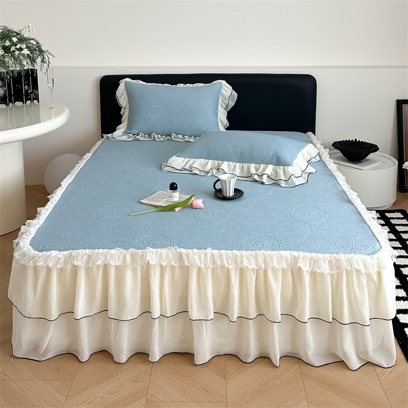 Set de 3 piese pentru pat în stil Prințesă Franceză, cu model wafl din ice-silk, cu faldă pentru pat, vară, lavabil la mașină, covorașe moi răcoroase