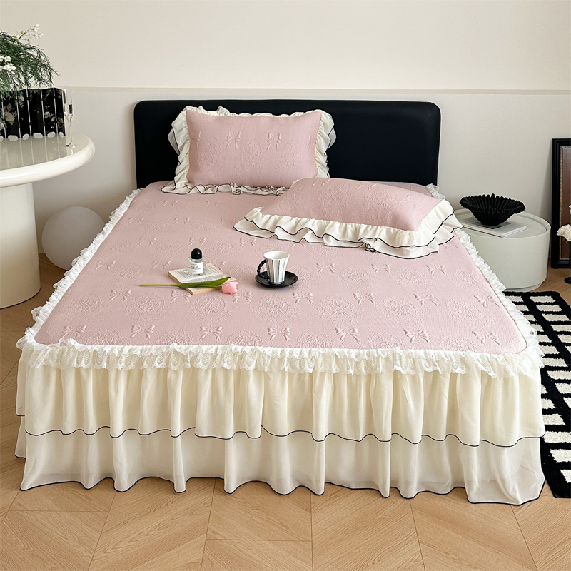 Set de 3 piese pentru pat în stil Prințesă Franceză, cu model wafl din ice-silk, cu faldă pentru pat, vară, lavabil la mașină, covorașe moi răcoroase