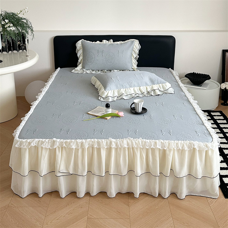 Set de 3 piese pentru pat în stil Prințesă Franceză, cu model wafl din ice-silk, cu faldă pentru pat, vară, lavabil la mașină, covorașe moi răcoroase