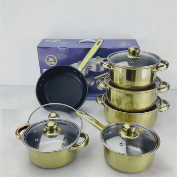 Set de vase din oțel inoxidabil, 12 piese, cu mânere aurii, include ceainic și o tigaie antiaderentă cu capac din sticlă