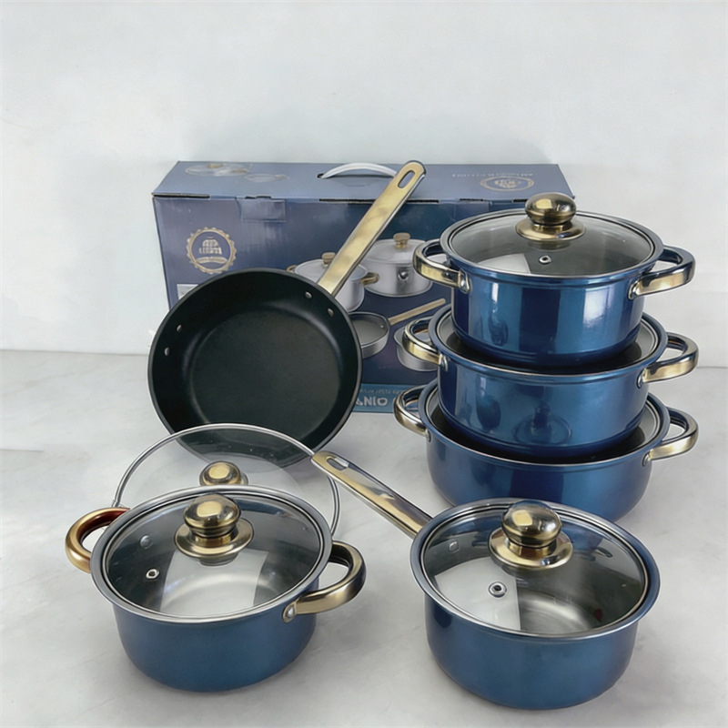 Set de vase din oțel inoxidabil, 12 piese, cu mânere aurii, include ceainic și o tigaie antiaderentă cu capac din sticlă