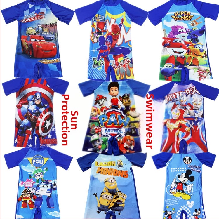Detské plavky s karikatúrnym motívom, unisex, sada rodič-dieťa, polyester, 2–14 rokov