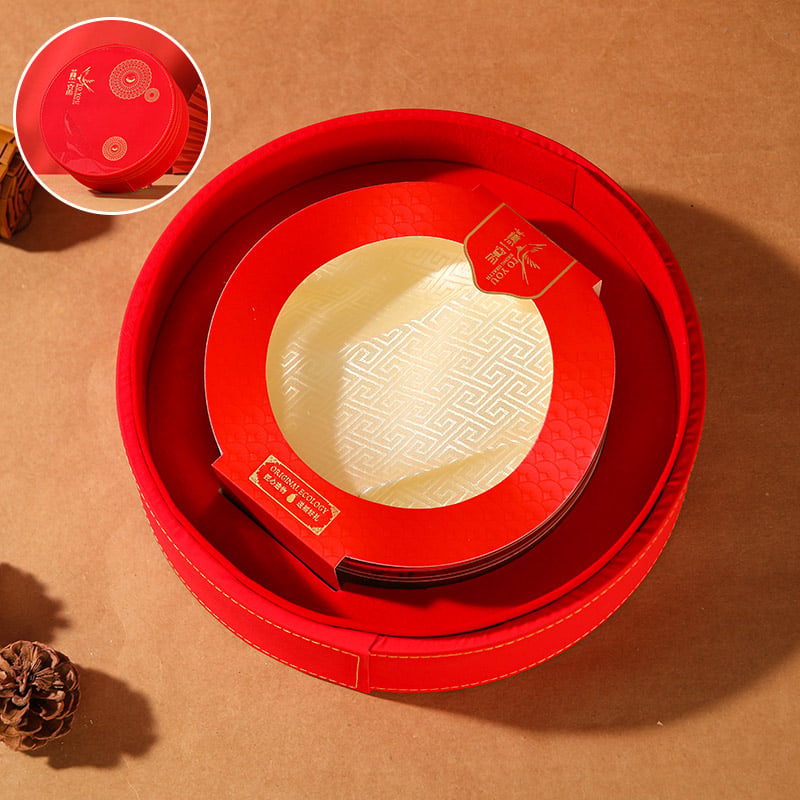 Cutie rotundă din piele roșie pentru Bird's Nest – cutie cadou cu interior octogonal