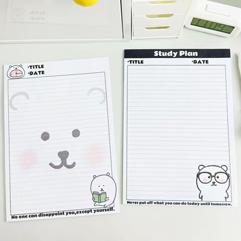 B5 notebook minimalist cu ursuleț drăguț, pagini liniate și note adezive — jurnal ilustrat pentru elevi