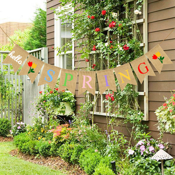 Ghirlandă decorativă de primăvară cu stegulețe în formă de coadă de pește, multicoloră, burlap