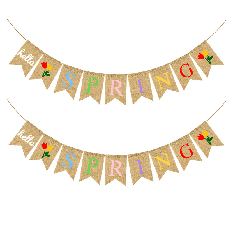 Ghirlandă decorativă de primăvară cu stegulețe în formă de coadă de pește, multicoloră, burlap