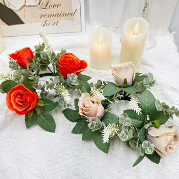 Buchet artificial de trandafiri roz și cunună, 20 cm, centru de masă cu suport pentru lumânare și vază pentru decor de Paște și Crăciun