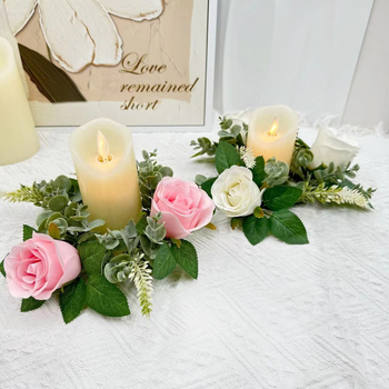 Buchet artificial de trandafiri roz și cunună, 20 cm, centru de masă cu suport pentru lumânare și vază pentru decor de Paște și Crăciun