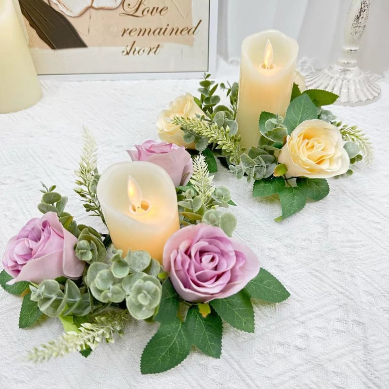 Buchet artificial de trandafiri roz și cunună, 20 cm, centru de masă cu suport pentru lumânare și vază pentru decor de Paște și Crăciun