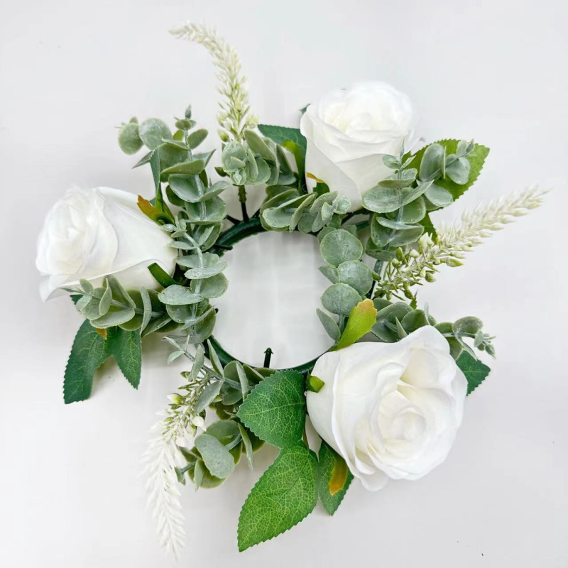 Buchet artificial de trandafiri roz și cunună, 20 cm, centru de masă cu suport pentru lumânare și vază pentru decor de Paște și Crăciun