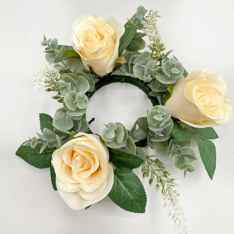 Buchet artificial de trandafiri roz și cunună, 20 cm, centru de masă cu suport pentru lumânare și vază pentru decor de Paște și Crăciun