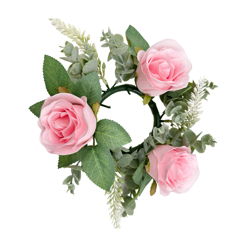 Buchet artificial de trandafiri roz și cunună, 20 cm, centru de masă cu suport pentru lumânare și vază pentru decor de Paște și Crăciun