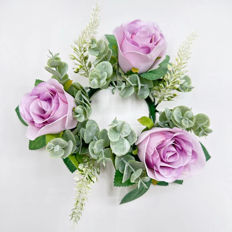 Buchet artificial de trandafiri roz și cunună, 20 cm, centru de masă cu suport pentru lumânare și vază pentru decor de Paște și Crăciun
