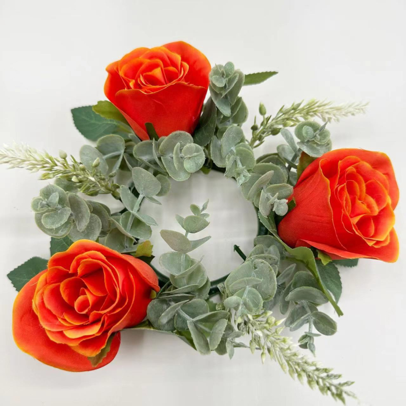 Buchet artificial de trandafiri roz și cunună, 20 cm, centru de masă cu suport pentru lumânare și vază pentru decor de Paște și Crăciun