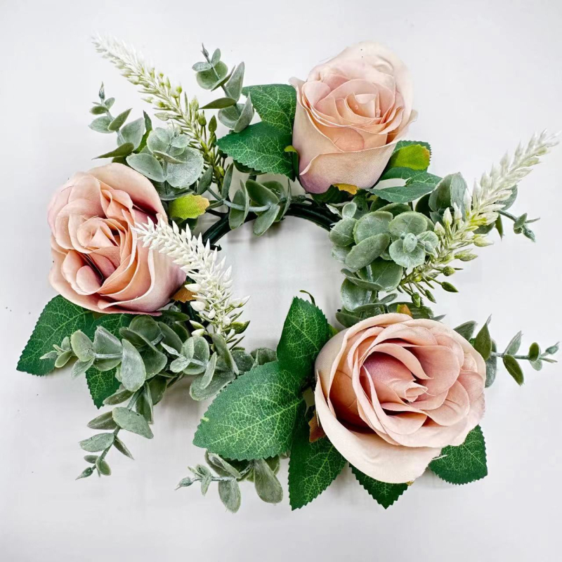 Buchet artificial de trandafiri roz și cunună, 20 cm, centru de masă cu suport pentru lumânare și vază pentru decor de Paște și Crăciun