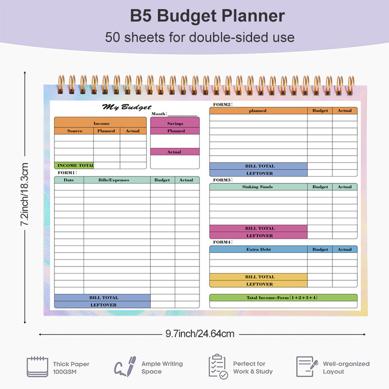 Caiet B5 pentru buget — înregistrări zilnice ale veniturilor și cheltuielilor, planificare financiară, legătură spirală