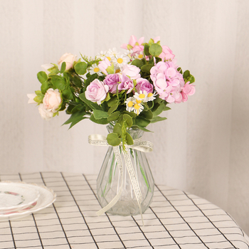HOYVJOY Buchet de flori de mătase: margaretă, mini trandafir și mușețel, stil japonez/coreean, 30 cm
