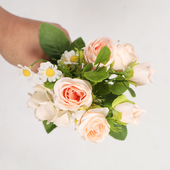 HOYVJOY Buchet de flori de mătase: margaretă, mini trandafir și mușețel, stil japonez/coreean, 30 cm