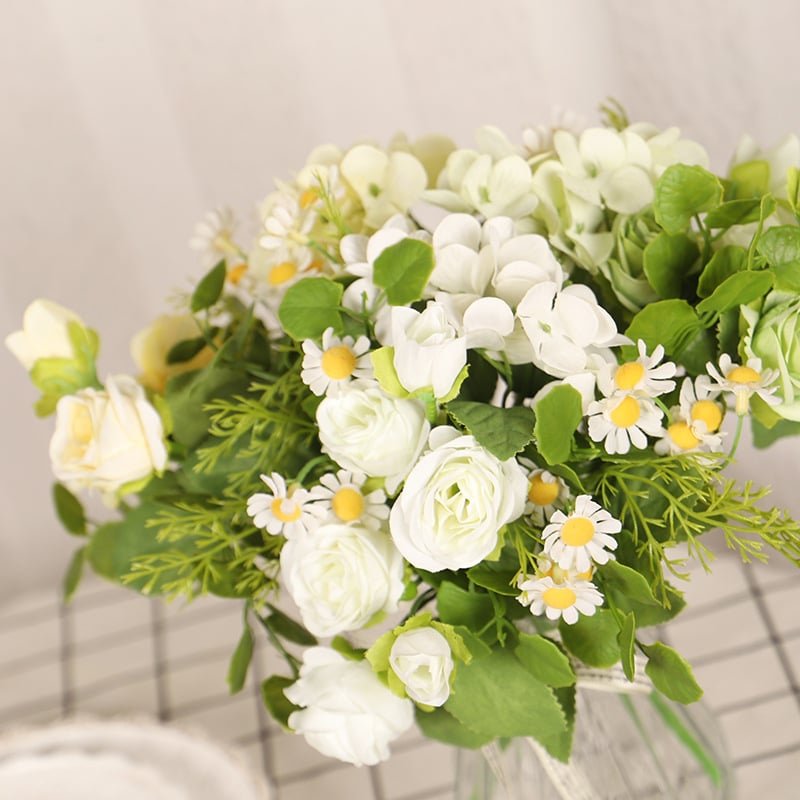 HOYVJOY Buchet de flori de mătase: margaretă, mini trandafir și mușețel, stil japonez/coreean, 30 cm