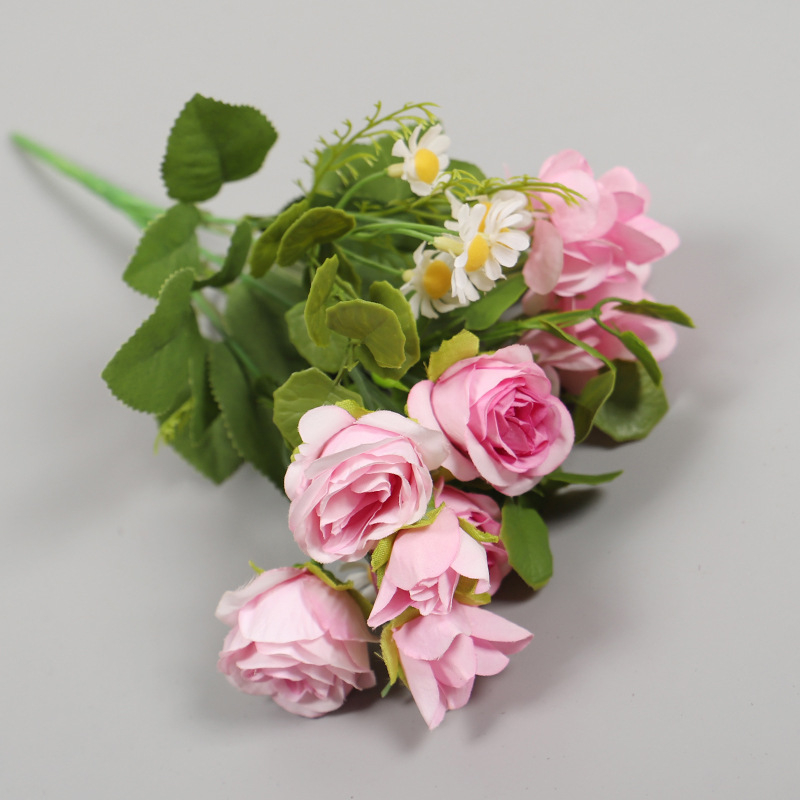 HOYVJOY Buchet de flori de mătase: margaretă, mini trandafir și mușețel, stil japonez/coreean, 30 cm