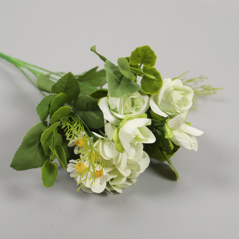 HOYVJOY Buchet de flori de mătase: margaretă, mini trandafir și mușețel, stil japonez/coreean, 30 cm