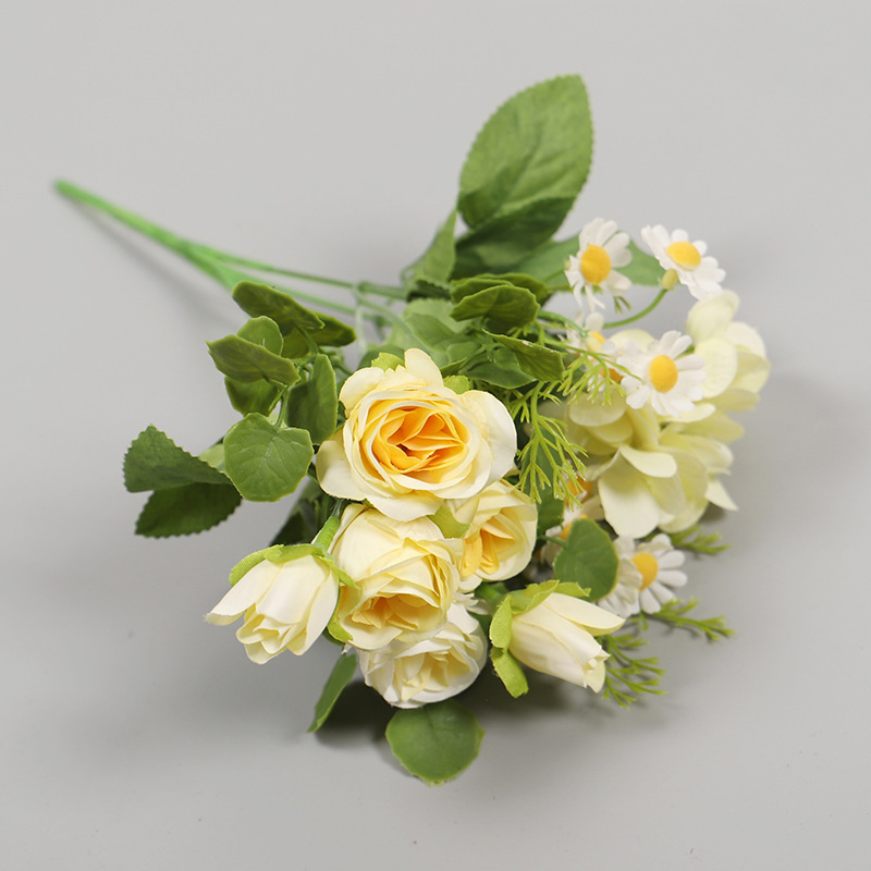 HOYVJOY Buchet de flori de mătase: margaretă, mini trandafir și mușețel, stil japonez/coreean, 30 cm