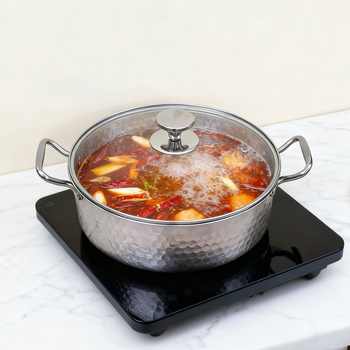 Oală din oțel inoxidabil gros, cu textură ciocănită, cu două mânere, compatibilă cu plite cu inducție și gaz, vas de restaurant pentru supă limpede