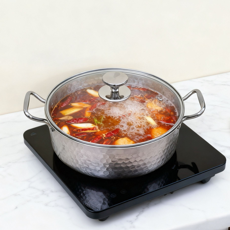 Oală din oțel inoxidabil gros, cu textură ciocănită, cu două mânere, compatibilă cu plite cu inducție și gaz, vas de restaurant pentru supă limpede