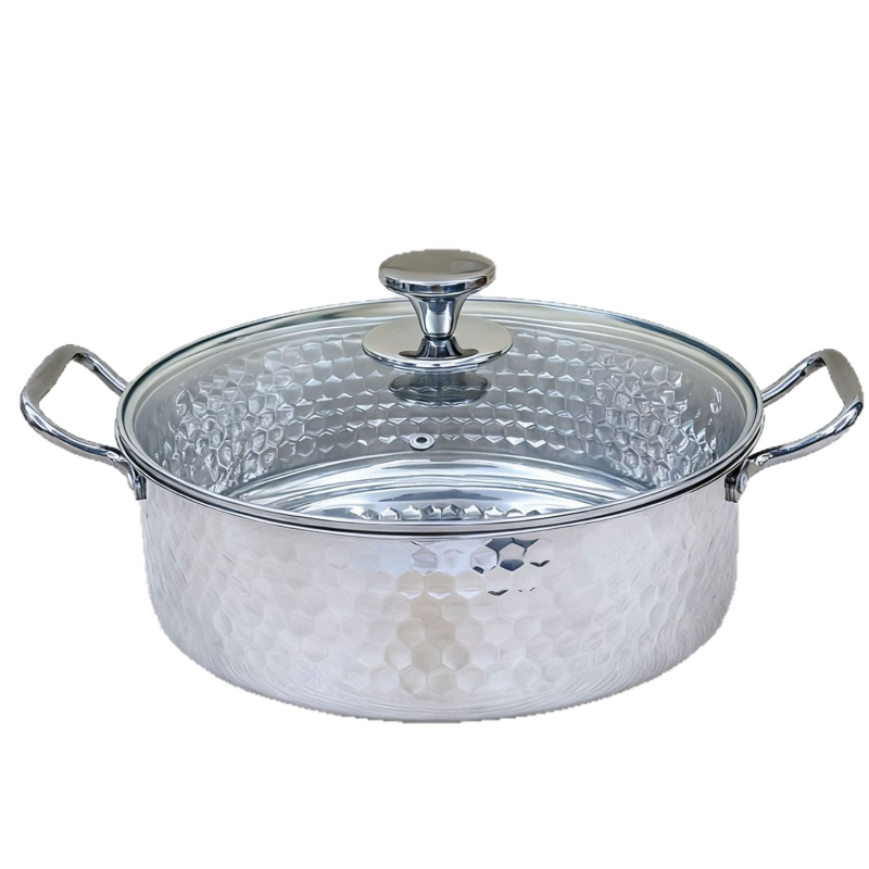 Oală din oțel inoxidabil gros, cu textură ciocănită, cu două mânere, compatibilă cu plite cu inducție și gaz, vas de restaurant pentru supă limpede