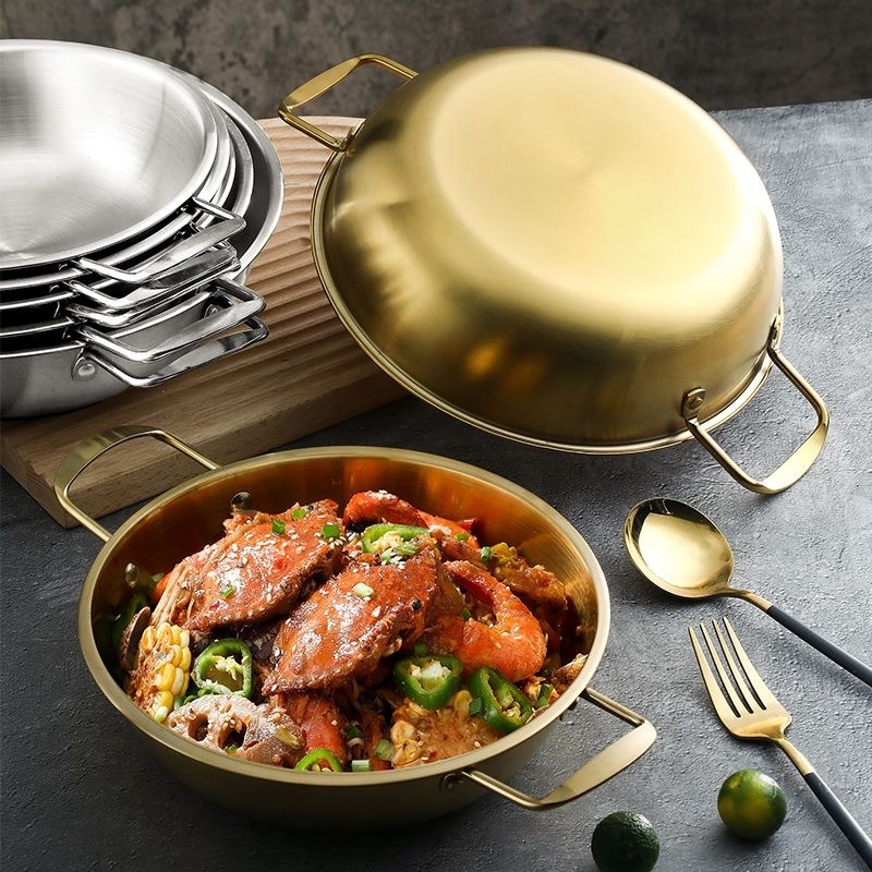 Oală din oțel inoxidabil, multifuncțională pentru hot pot cu fructe de mare, ramen și dry pot, capacitate 2,1–4 l, cu mâner dublu