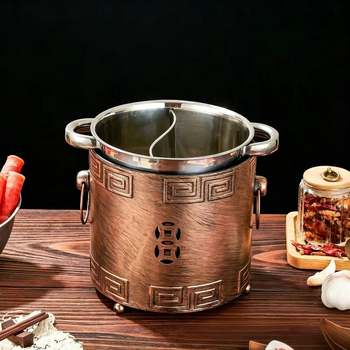 Oală din oțel inoxidabil, adâncă, cu două utilizări, cu aragaz cu alcool — potrivită pentru hot pot, terci și tăiței