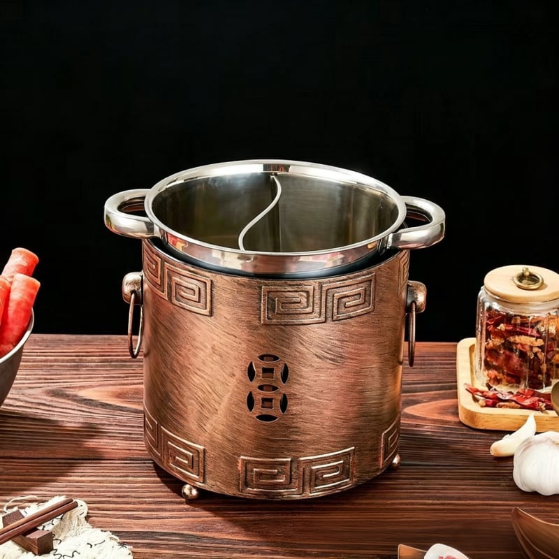 Oală din oțel inoxidabil, adâncă, cu două utilizări, cu aragaz cu alcool — potrivită pentru hot pot, terci și tăiței