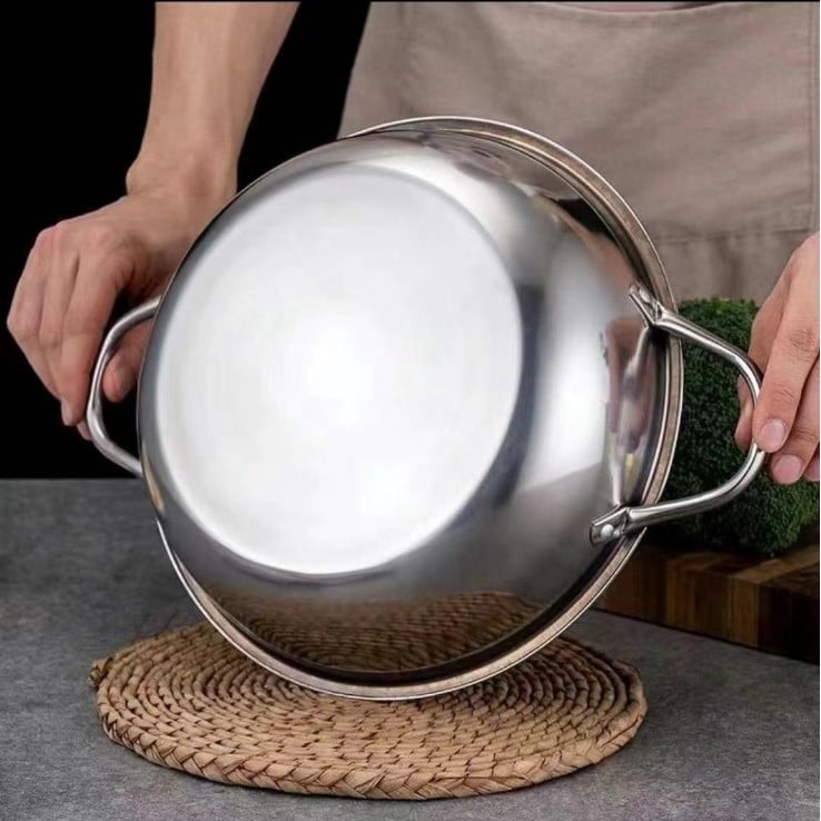 Oală de hot pot din oțel inoxidabil gros, pentru supă limpede, potrivită pentru dry pot/shabu-shabu, 2,1–4 L, diametru 24–38 cm, fără capac, material 201 inox.