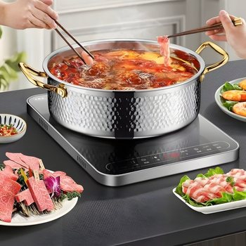 Oală de hot pot din oțel inoxidabil 304, model ciocănit Mandarin Duck, pentru două arome, uz casnic, fund trei straturi, supă limpede