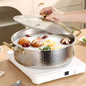 Oală de hot pot din oțel inoxidabil 304, model ciocănit Mandarin Duck, pentru două arome, uz casnic, fund trei straturi, supă limpede