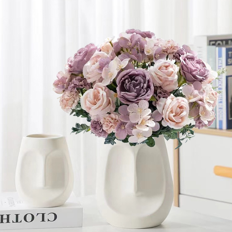 Buchet de flori artificiale din trandafiri, margaretă și crizanteme, lucrat manual, pentru decor de nuntă