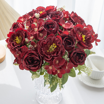 Buchet din cinci flori de peonie din mătase – floare artificială pentru nuntă și decor acasă