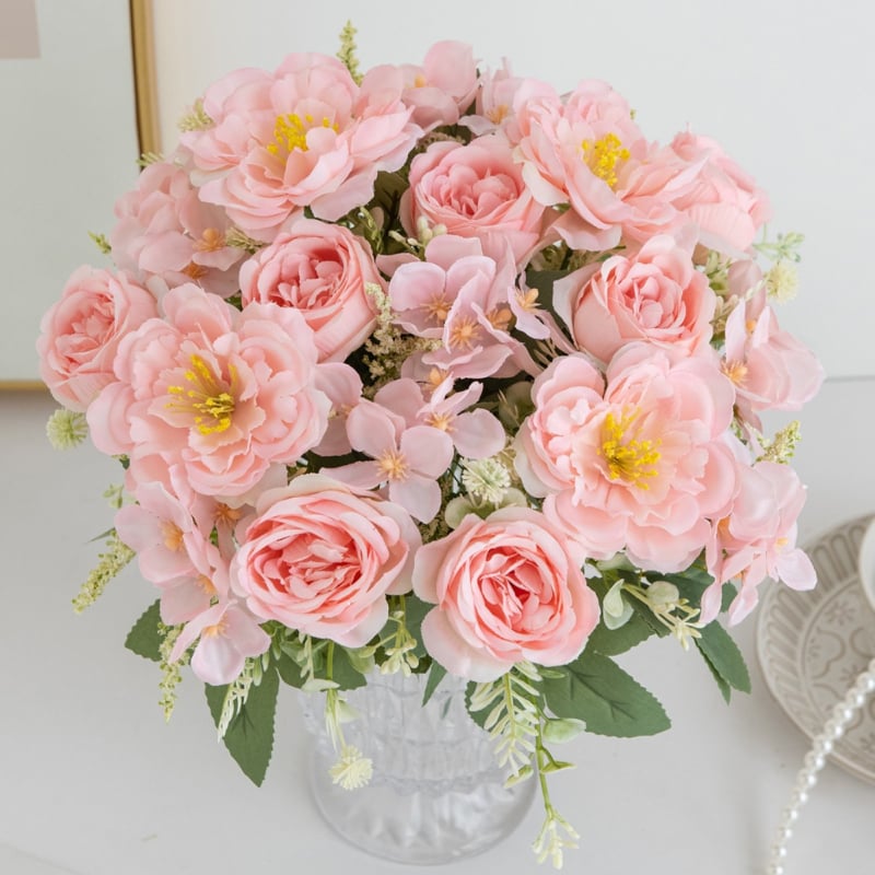 Buchet din cinci flori de peonie din mătase – floare artificială pentru nuntă și decor acasă