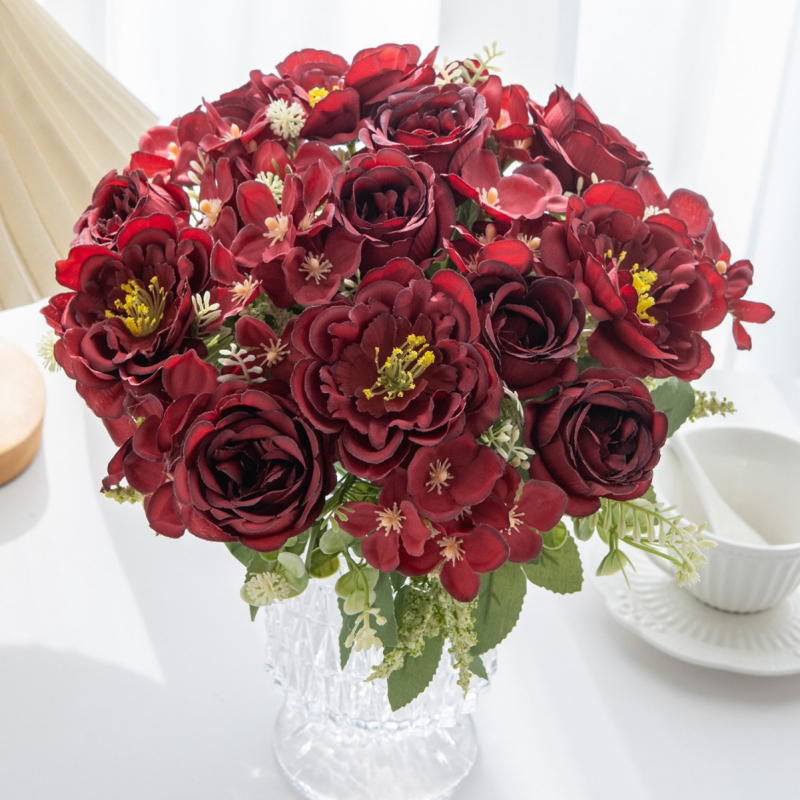 Buchet din cinci flori de peonie din mătase – floare artificială pentru nuntă și decor acasă
