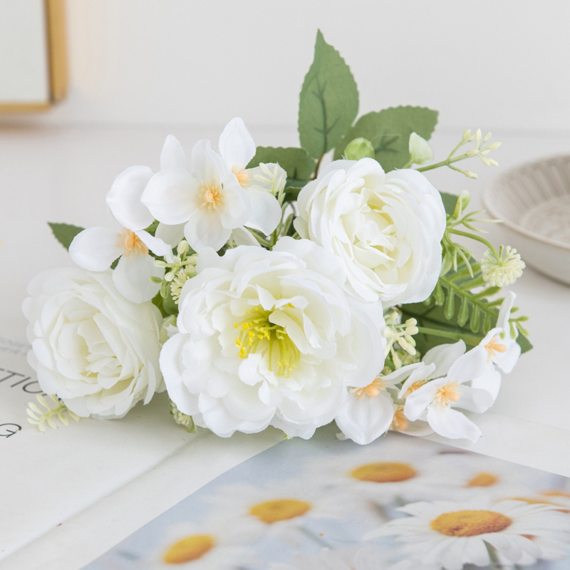 Buchet din cinci flori de peonie din mătase – floare artificială pentru nuntă și decor acasă