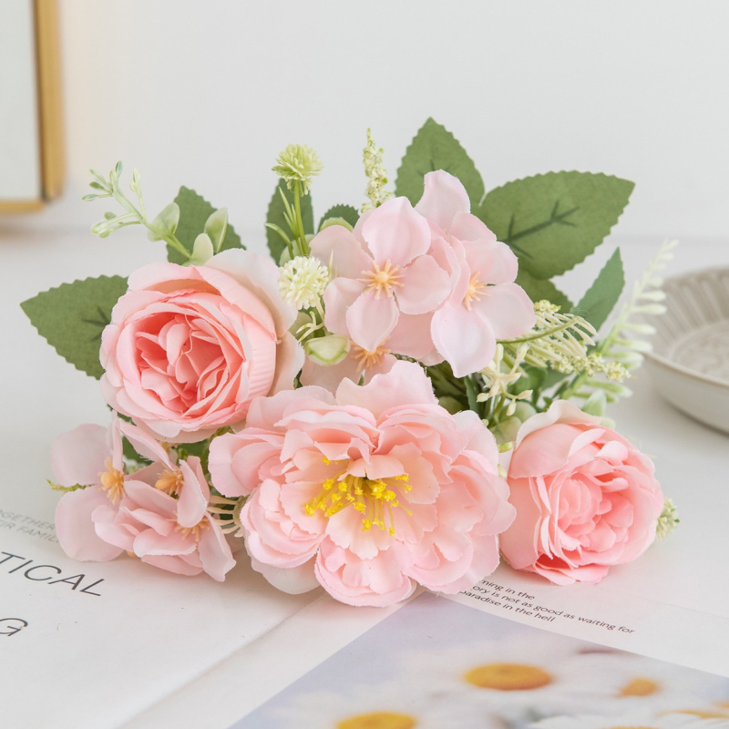 Buchet din cinci flori de peonie din mătase – floare artificială pentru nuntă și decor acasă