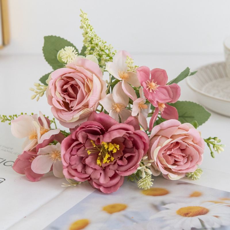 Buchet din cinci flori de peonie din mătase – floare artificială pentru nuntă și decor acasă