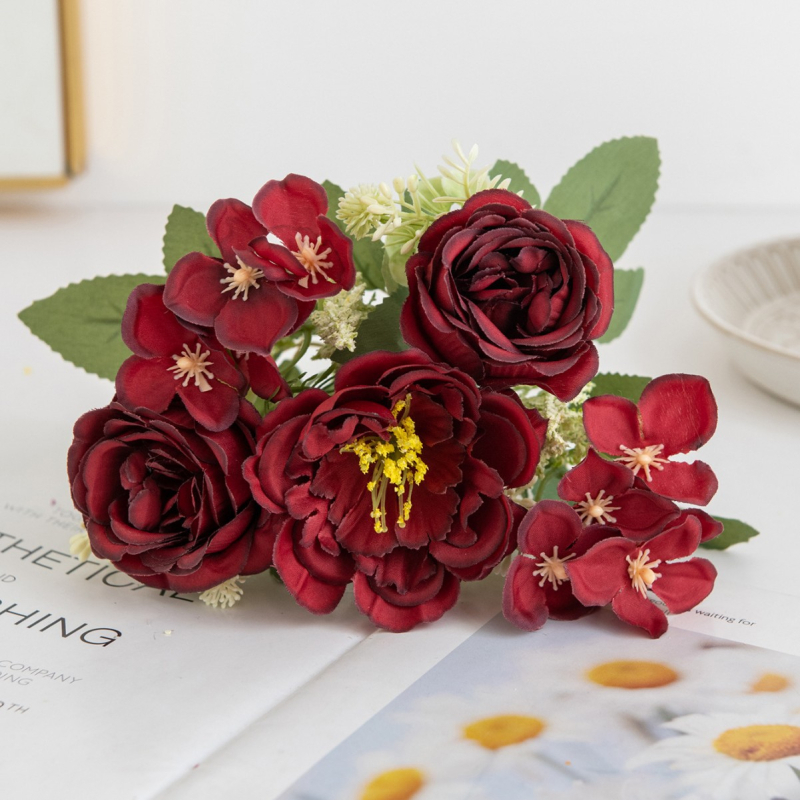 Buchet din cinci flori de peonie din mătase – floare artificială pentru nuntă și decor acasă