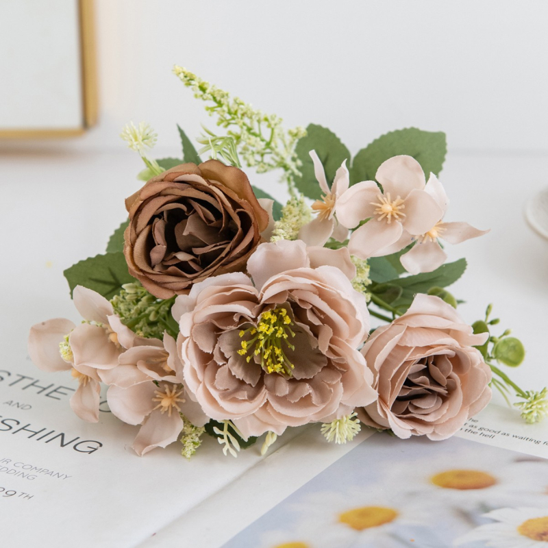 Buchet din cinci flori de peonie din mătase – floare artificială pentru nuntă și decor acasă