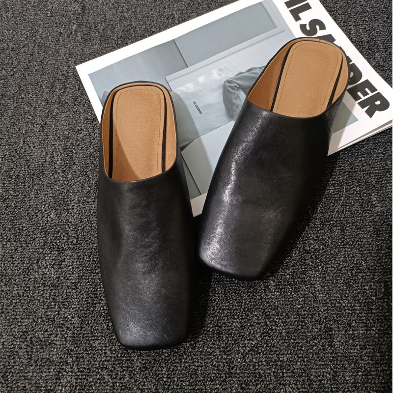 Női bőr slip-on mules, négyszögletes orral és vastag talppal, lapos talpú nyári cipő