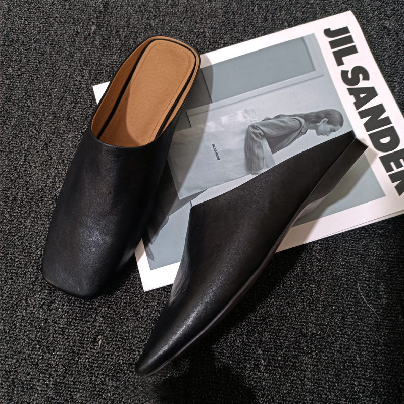 Női bőr slip-on mules, négyszögletes orral és vastag talppal, lapos talpú nyári cipő