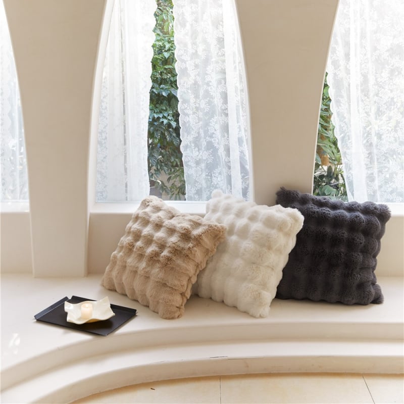 Pernă decorativă în stil franțuzesc, din blană artificială de iepure, culoare solidă, pentru living, canapea sau pat
