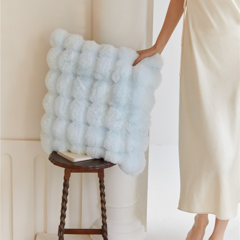 Pernă decorativă în stil franțuzesc, din blană artificială de iepure, culoare solidă, pentru living, canapea sau pat