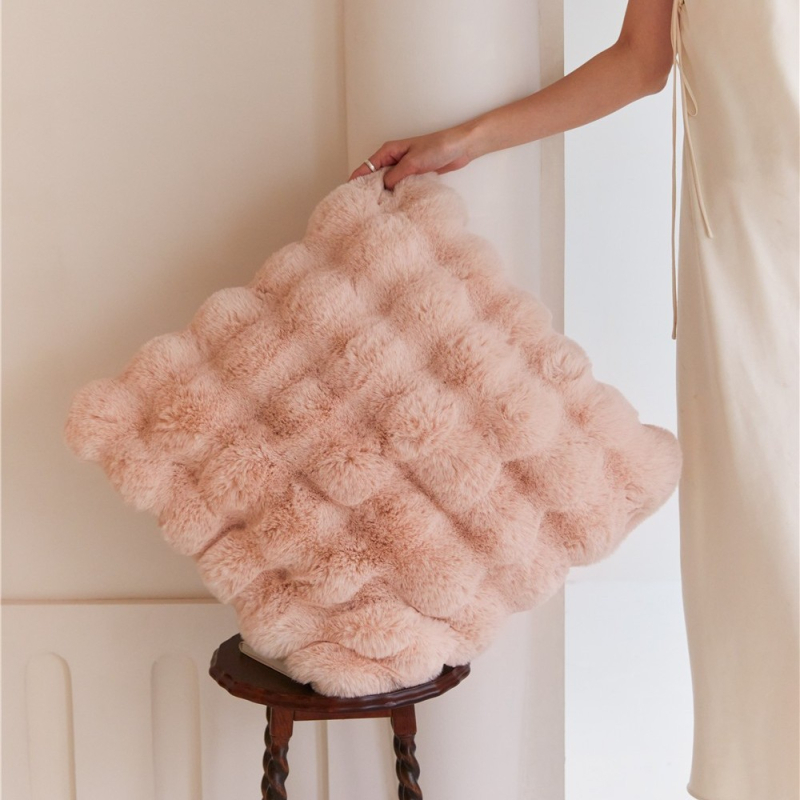 Pernă decorativă în stil franțuzesc, din blană artificială de iepure, culoare solidă, pentru living, canapea sau pat