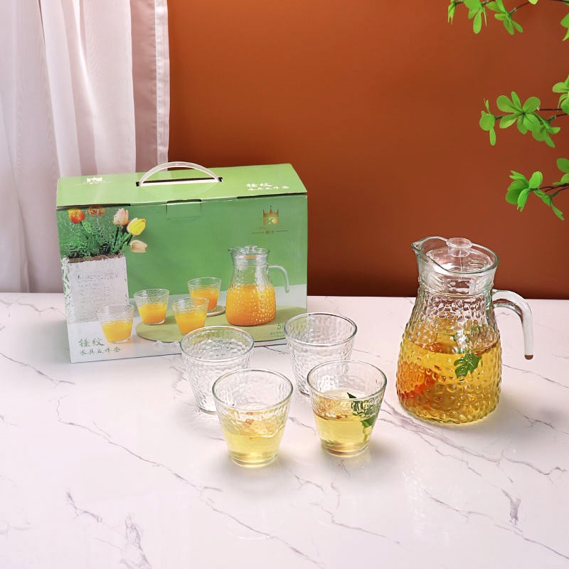 Set de sticle din sticlă pentru apă rece, însoțit de căni transparente, pahare rezistente la căldură, senzație discretă de lux, set cadou